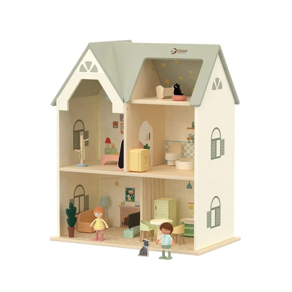 Vista frontal detalhada da Classic World Casa de Campo para bonecas de madeira com três andares, mobiliário e figuras.