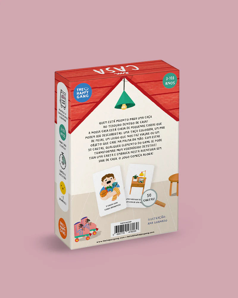 Vista traseira da caixa do jogo The Happy Gang Procura e Encontra Em Casa, mostrando a descrição do jogo e exemplos de cartas ilustradas.
