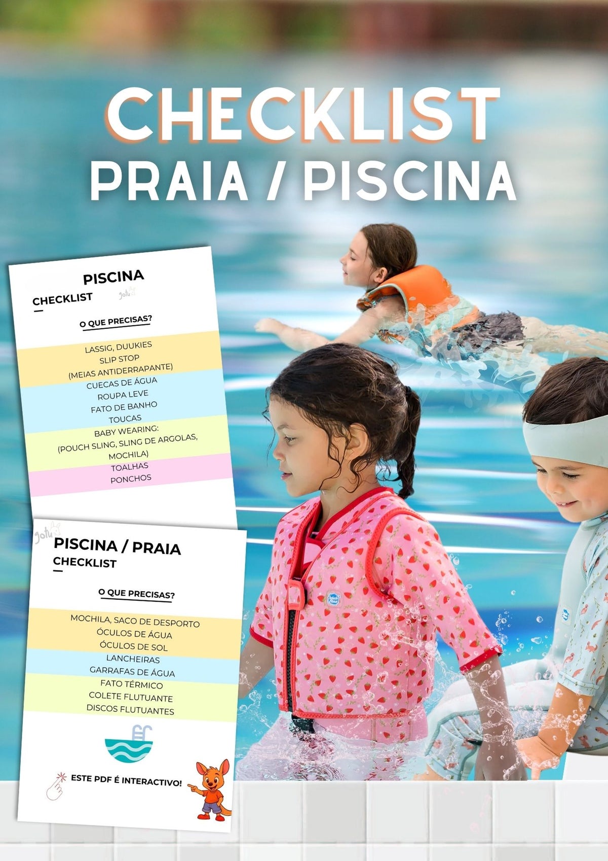 Capa para o ebook checklist praia piscina, com duas folhas de exemplo