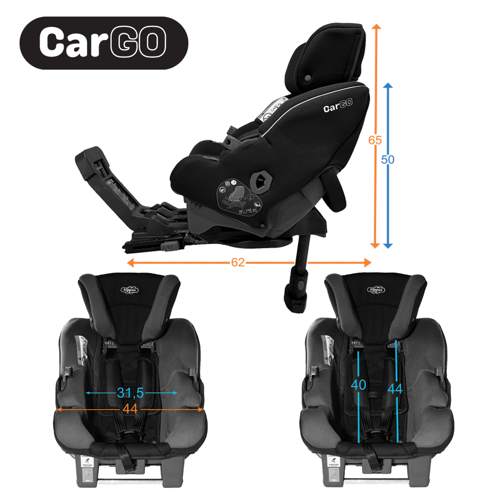 Diagrama da cadeira auto Klippan CarGO com medidas, mostrando a largura dos ombros e o comprimento das costas da criança, junto com a configuração contra marcha.