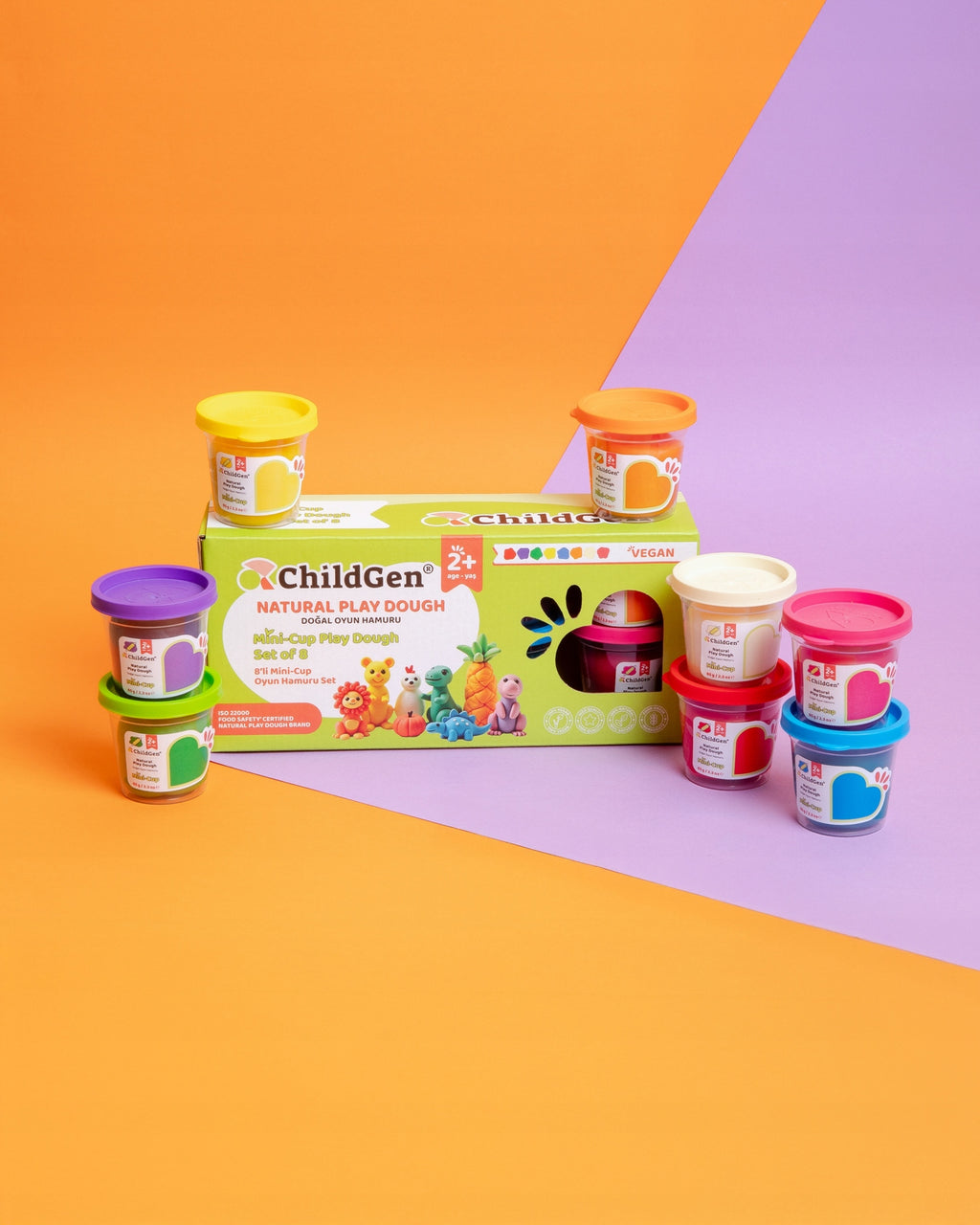 Conjunto ChildGen Pasta de Modelar 8 cores em mini-copos, 100% natural e vegan, com caixa ilustrada, ideal para motricidade fina.