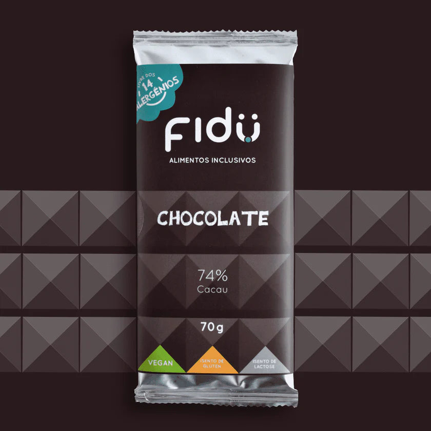Embalagem frontal do Fidu Chocolate 74% cacau BIO 70gr, destacando certificações vegan e sem alergénios.