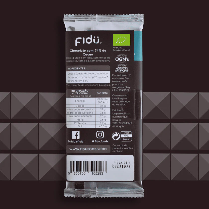 Verso da embalagem do Fidu Chocolate 74% cacau BIO 70gr com tabela nutricional e lista de ingredientes.