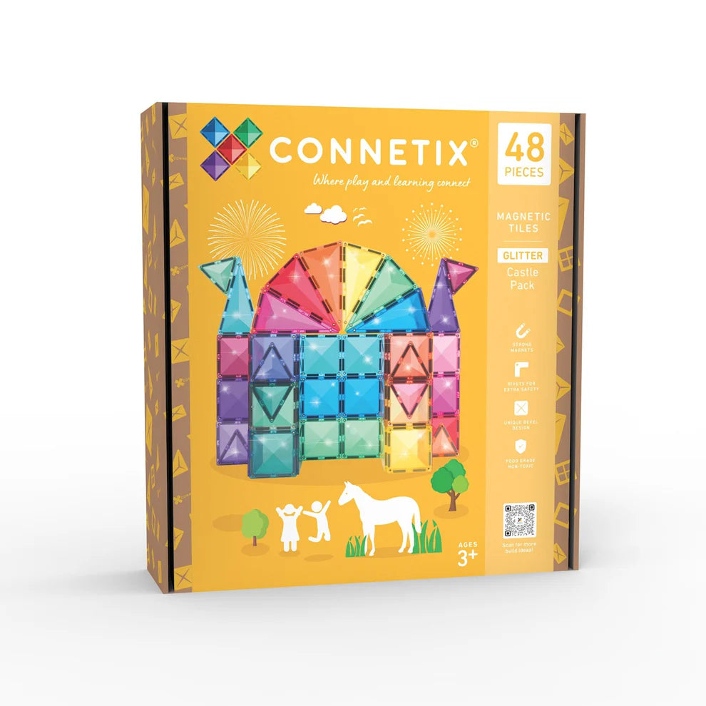 Caixa do Connetix Jogo blocos Magnético Glitter Castle Pack 48 pc, destacando "48 Pieces" e "Ages 3+".