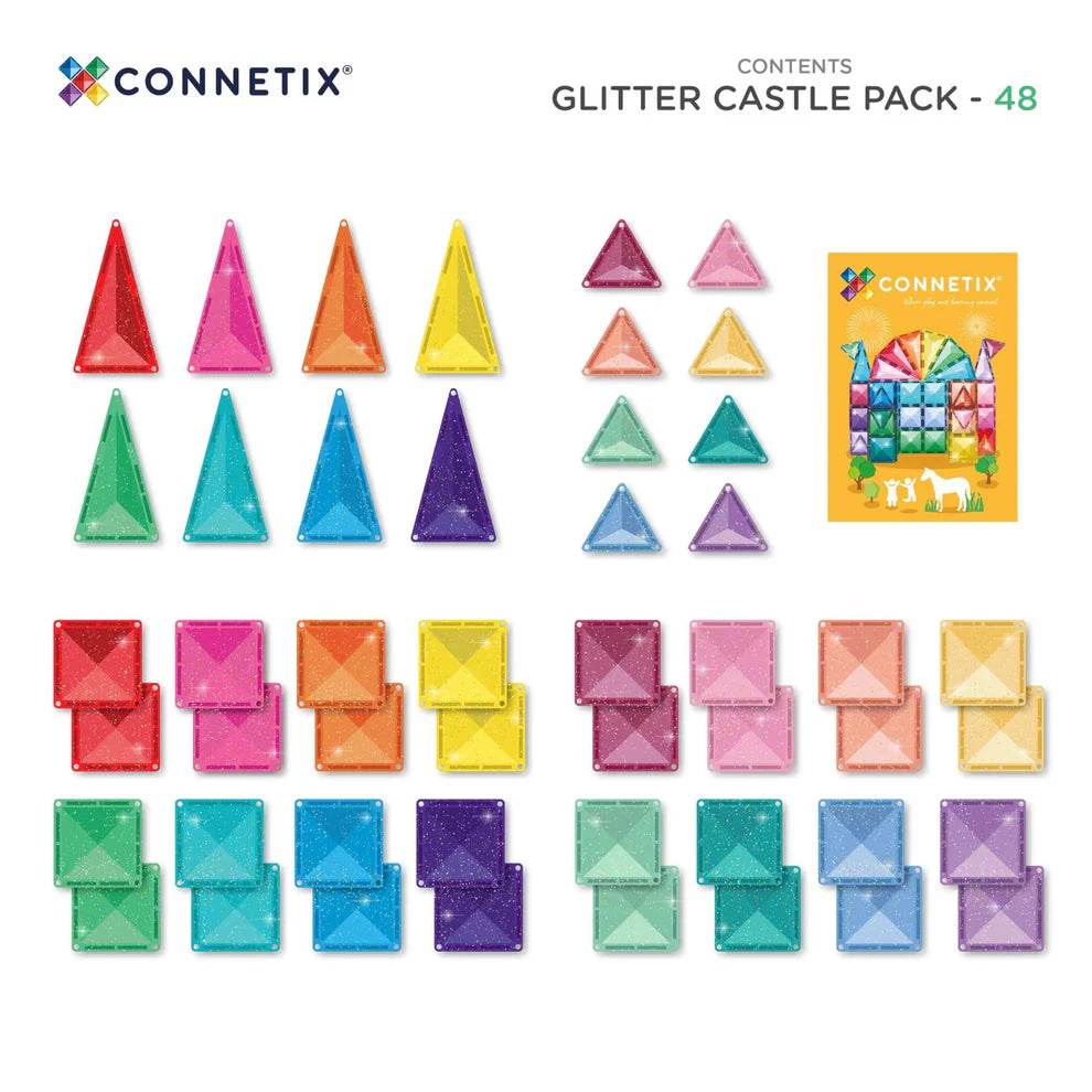 Conteúdo detalhado do Connetix Jogo blocos Magnético Glitter Castle Pack 48 pc, mostrando todas as formas e quantidades de peças.