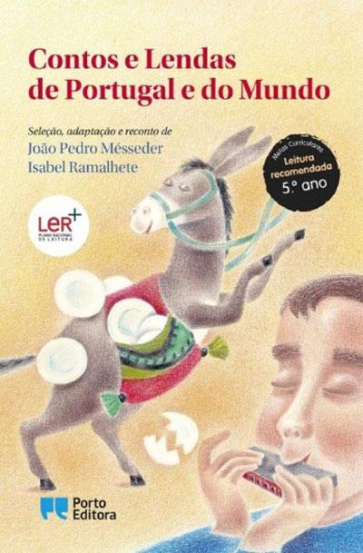 Capa do livro "Contos e Lendas de Portugal e do Mundo" com ilustração de um burro e um rapaz a tocar harmónica, destacando a recomendação para o 5.º ano.