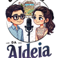 Logótipo do podcast 'Conversas da Aldeia', apresentando uma ilustração estilizada de um homem e uma mulher de óculos, sorrindo um para o outro, com um microfone ao centro. Ao fundo, há um cenário de aldeia tradicional com casas e natureza. O nome 'Conversas da Aldeia' está escrito em letras decorativas, com 'Podcast' em menor tamanho abaixo.