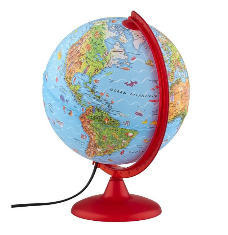 Globo com Luz Zoo 25cm da Tecnodidattica, mostrando as Américas e o Oceano Atlântico com ilustrações de animais coloridas. A base e o meridiano são vermelhos.