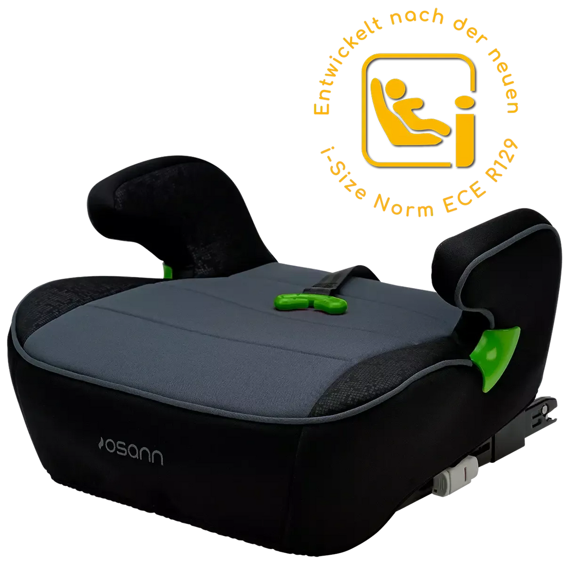 Vista frontal da cadeira auto Osann Junior Isofix Gurtfix i-Size, mostrando o assento e os apoios de braços ajustáveis em preto com detalhes verdes. A imagem destaca o selo de aprovação da norma i-Size ECE R129.