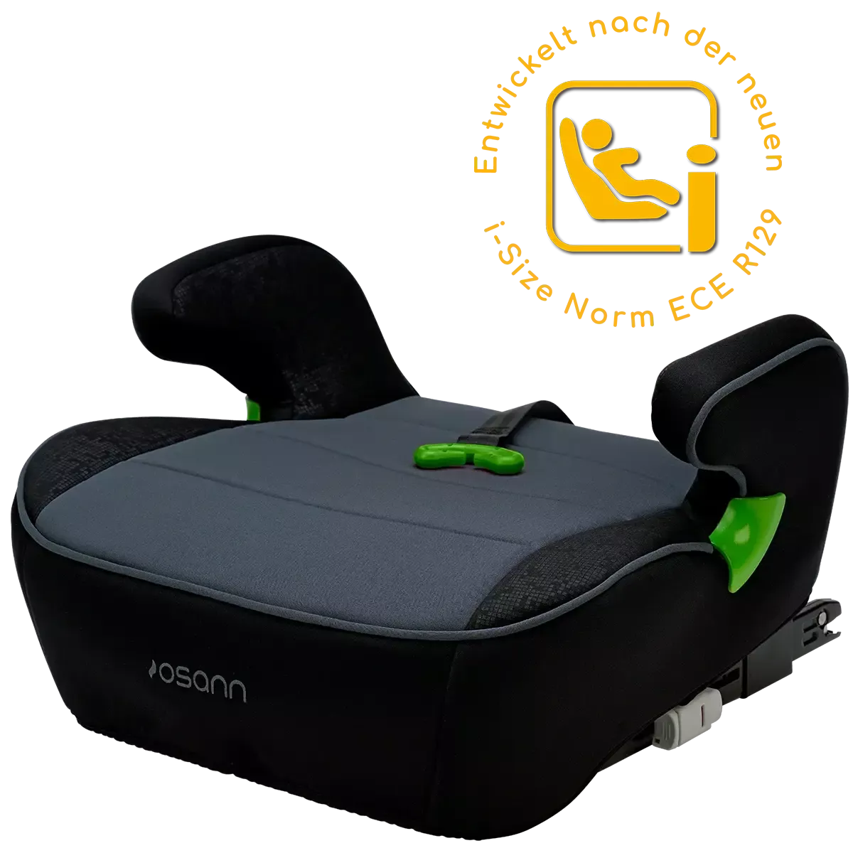 Vista frontal da cadeira auto Osann Junior Isofix Gurtfix i-Size, mostrando o assento e os apoios de braços ajustáveis em preto com detalhes verdes. A imagem destaca o selo de aprovação da norma i-Size ECE R129.