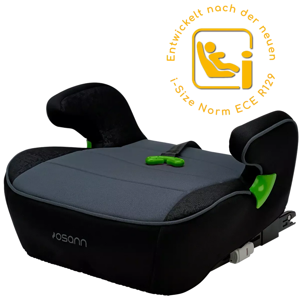 Vista frontal da cadeira auto Osann Junior Isofix Gurtfix i-Size, mostrando o assento e os apoios de braços ajustáveis em preto com detalhes verdes. A imagem destaca o selo de aprovação da norma i-Size ECE R129.