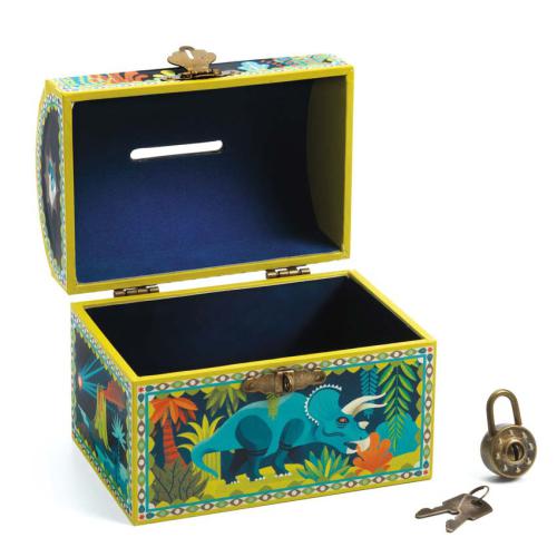 Mealheiro Djeco Dinossauros aberto, mostrando o interior azul, a ranhura para moedas, e o cadeado e chaves separados.