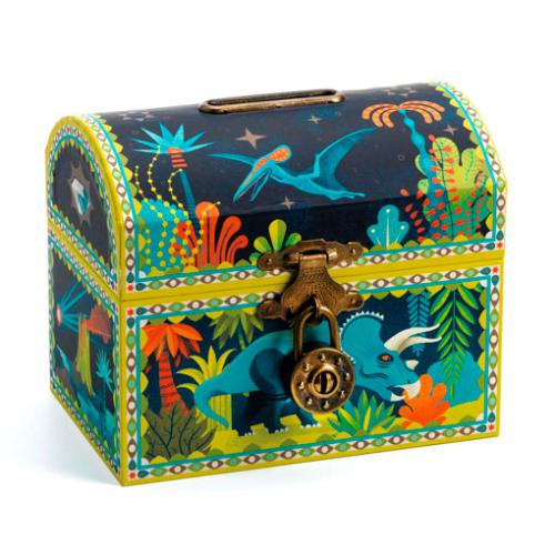Mealheiro Djeco Dinossauros em forma de baú, azul escuro com ilustrações vibrantes de triceratops e pterodáctilo, fechado com cadeado.