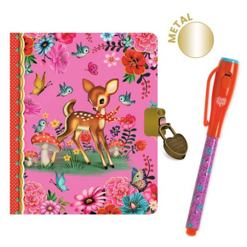 Diário secreto Djeco Fiona em rosa com design de veado e flores, caneta de tinta invisível com luz UV e cadeado de coração.