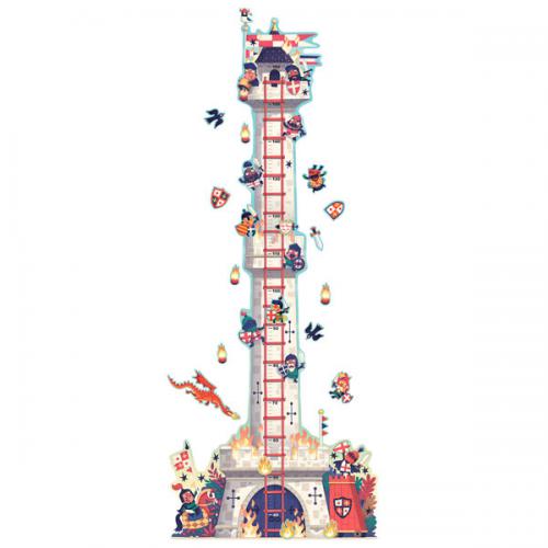 Vista completa da Djeco Tabela de altura Adesiva - Torre de Cavaleiros aplicada na parede, com todos os elementos decorativos e a escala de altura.