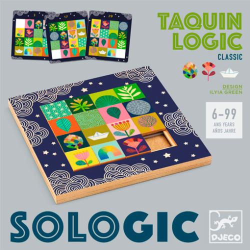 Jogo de lógica Djeco Taquin Logic SoloGIC com tabuleiro de madeira, peças coloridas e cartas de desafio, indicado para idades dos 6 aos 99 anos.