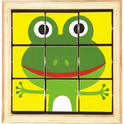 Puzzle Djeco Tournanimo montado, exibindo a imagem completa de um sapo verde.