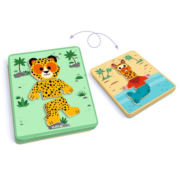 Demonstração do jogo, mostrando um leopardo montado na caixa verde e um animal misturado (girafa com cauda de sereia) na tampa, ilustrando a funcionalidade Mix´n´match.