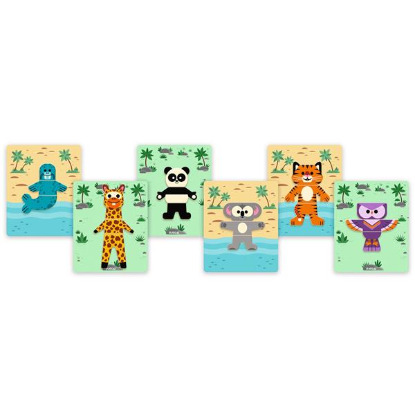 Conjunto de 6 cartas de modelo do jogo magnético Djeco, exibindo animais completos, como uma girafa, panda e tigre.