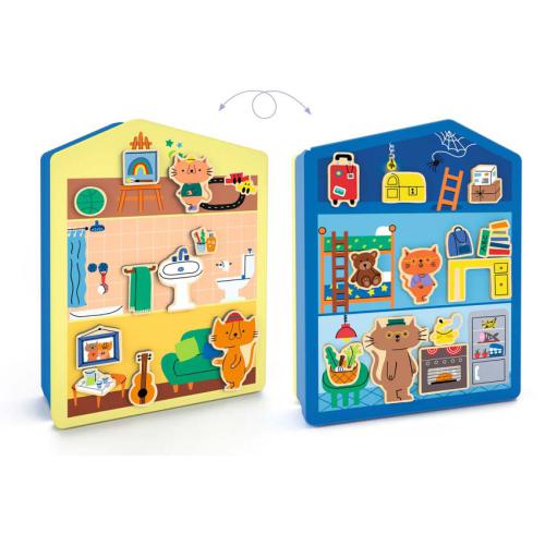 Duas caixas de metal Djeco InZeHouse em forma de casa, mostrando ambos os lados: um lado azul com divisões do sótão, quarto e cozinha, e um lado amarelo com divisões de sala, casa de banho e sala de jogos, todas decoradas com ímanes de madeira.