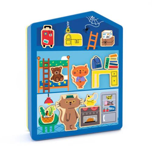 Imagem frontal da caixa de metal Djeco InZeHouse em forma de casa azul, com ímanes de madeira que decoram as divisões do sótão, quarto e cozinha com personagens e mobiliário.