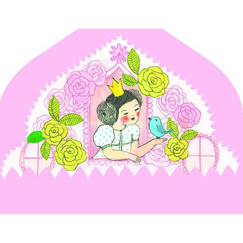 Detalhe da ilustração da caixa de joias musical Djeco, mostrando princesa com coroa e pássaro azul, entre rosas.