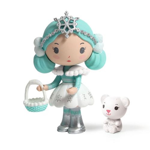 Figura Djeco Tinyly Neige and Nours, com a princesa do gelo de cabelo turquesa e tiara de floco de neve, segurando um cesto, ao lado do seu companheiro urso polar branco.