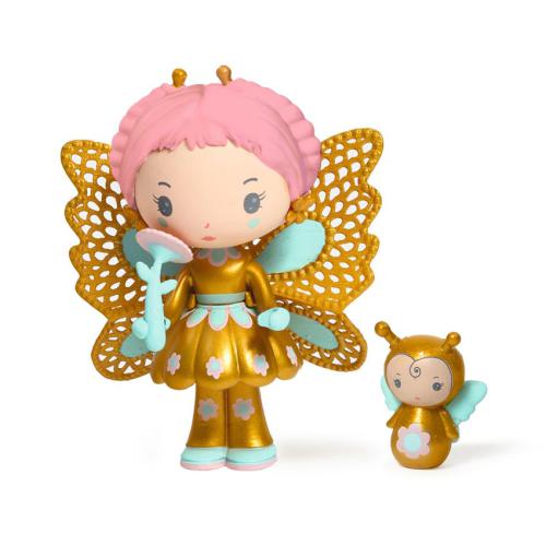 Conjunto Djeco Tinyly Hortense and Fly: figura fada de cabelo rosa e vestido dourado com cogumelo, e companheira abelha dourada.