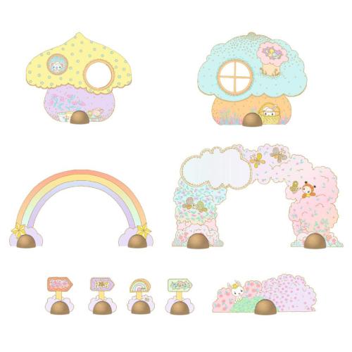 Ilustração das peças verticais do puzzle Tinyly Puzzl´Up Lily and Polo, incluindo duas casas de cogumelos, um arco-íris, um arco floral e vários sinais, todas com bases de madeira.