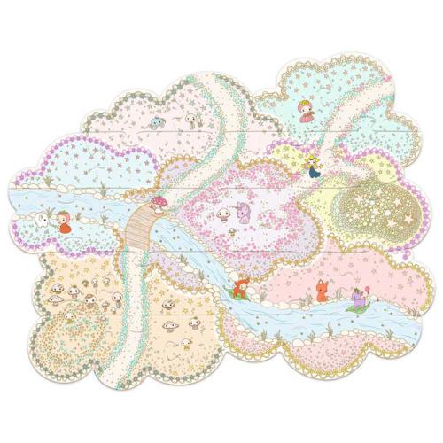 Vista aérea das 24 peças de chão do puzzle Tinyly Puzzl´Up Lily and Polo, formando um cenário mágico com rios, pontes e paisagens suaves.