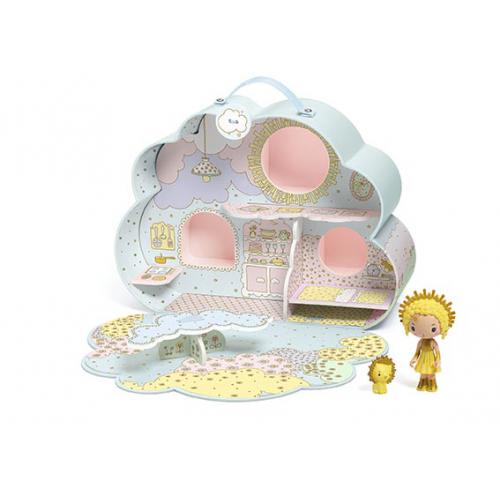 Djeco Tinyly Casa Nuvem aberta com as figuras Sunny e Mia, mostrando o interior detalhado da casa de bonecas em tons pastel.