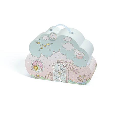 Djeco Tinyly Casa Nuvem fechada, mostrando o exterior decorado com ilustrações delicadas e a alça para transporte.