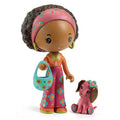 Djeco Figurinhas Tinyly Poppy e Nouky, com Poppy de cabelo encaracolado, roupa colorida, saco e o cãozinho rosa Nouky.