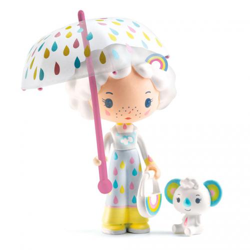 Figura Djeco Tinyly Prunelle com guarda-chuva e saco arco-íris, acompanhada pela figura da panda Bianca, em fundo branco.