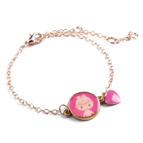 Pulseira Djeco Tinyly dourada com medalhão rosa da personagem Elfe e pendente de coração.