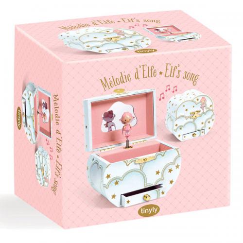 Embalagem da Djeco Caixa de Música - Melodia Elfo, mostrando várias vistas do produto e o nome "Mélodie d'Elfe - Elf's song".