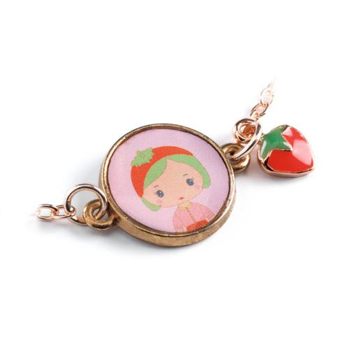 Pulseira Djeco Tinyly dourada com medalhão rosa da personagem Tinyly e pendente de morango.