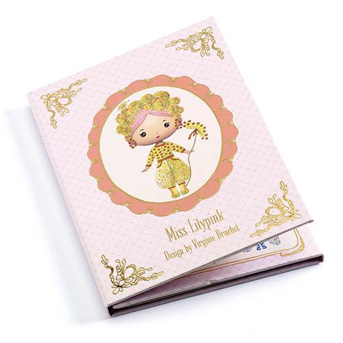 Capa do livro de autocolantes removíveis Djeco Miss Lilypink, com ilustração de uma personagem em tons rosa e dourado sobre fundo rosa.