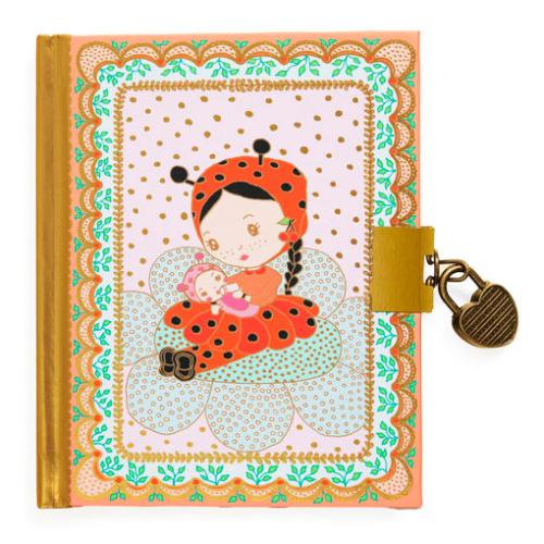 Diário secreto Djeco Tinyly Minico com capa ilustrada e cadeado dourado em forma de coração, ideal para crianças.