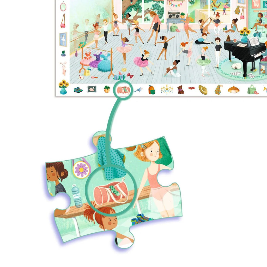 Caixa do Djeco Puzzle Observação Escola de Dança 100 peças, mostrando a ilustração vibrante e os detalhes do jogo de observação.