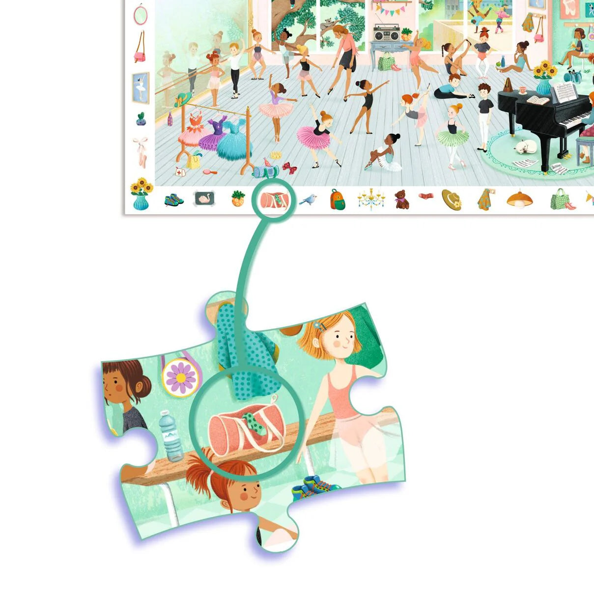 Caixa do Djeco Puzzle Observação Escola de Dança 100 peças, mostrando a ilustração vibrante e os detalhes do jogo de observação.