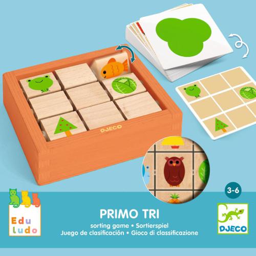 Jogo educativo Djeco Primo Tri para crianças dos 3 aos 6 anos, com caixa de madeira, cartões de critérios e blocos ilustrados.