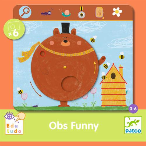 Imagem principal do jogo Djeco Obs Funny, mostrando um tabuleiro com um urso redondo, abelhas e uma colmeia. O urso tem uma roda móvel e indica a idade recomendada de 3-6 anos, com logótipos Djeco e Edu Ludo.