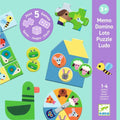 Conjunto de 5 jogos Djeco "Na quinta" com peças de puzzle, dominó, loto e um jogo de tabuleiro, ideal para crianças +3 anos.