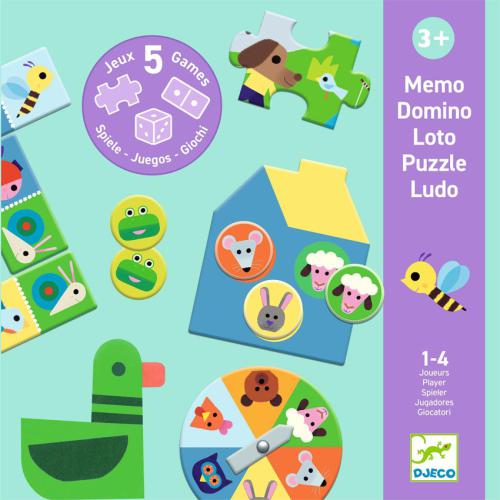 Conjunto de 5 jogos Djeco "Na quinta" com peças de puzzle, dominó, loto e um jogo de tabuleiro, ideal para crianças +3 anos.