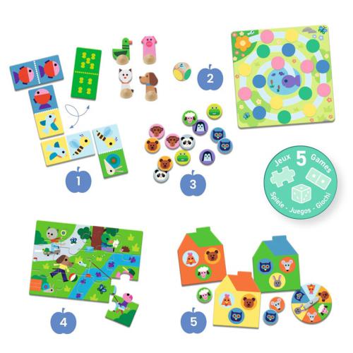 Detalhe das 5 atividades do jogo Djeco "Na quinta", mostrando peças de dominó, memórias, puzzle e jogos de tabuleiro com animais.