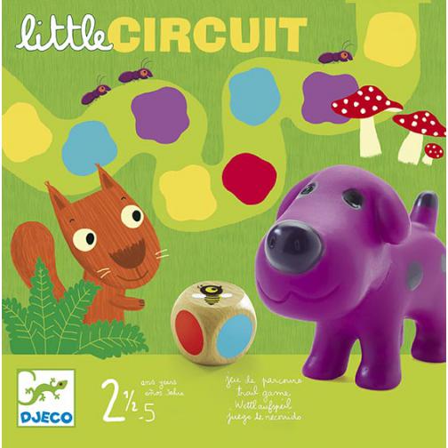 Imagem da caixa do jogo Djeco Little Circuit, apresentando um esquilo e um cão roxo, um dado de cores e o percurso do jogo.
