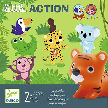 Capa do jogo Djeco Little Action com ilustração de animais da selva e figura de tigre, indicando idade 2.5-5 anos.