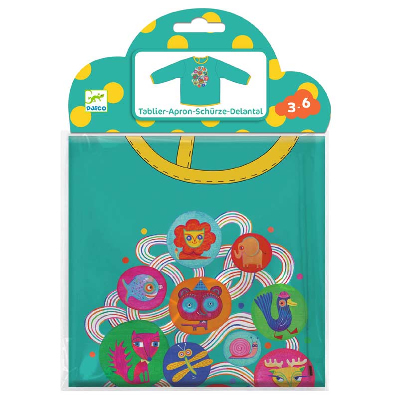 Embalagem selada da Djeco Bata/Avental para pinturas com mangas 3-6 anos Muriel, exibindo o design e a marca.