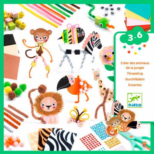 Kit Djeco Caixa de Construção de Animais da Selva com diversos animais criados e materiais artísticos como pompons, missangas e fios de chenille.